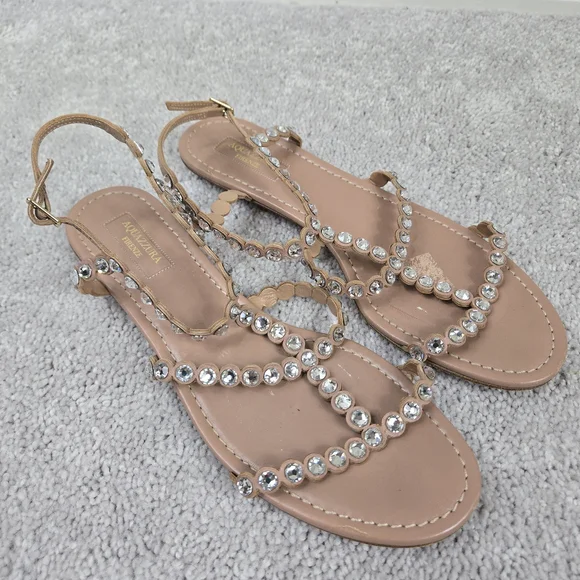 Aquazzura Tequila Crystal-Embellished Leather Flat Sandals Beige Sz 39.5 US 9.5